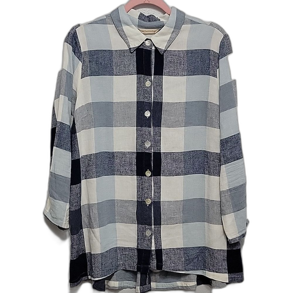 Soft Surroundings Button Down Linen Blend Plaid Blouse Blue White Size L